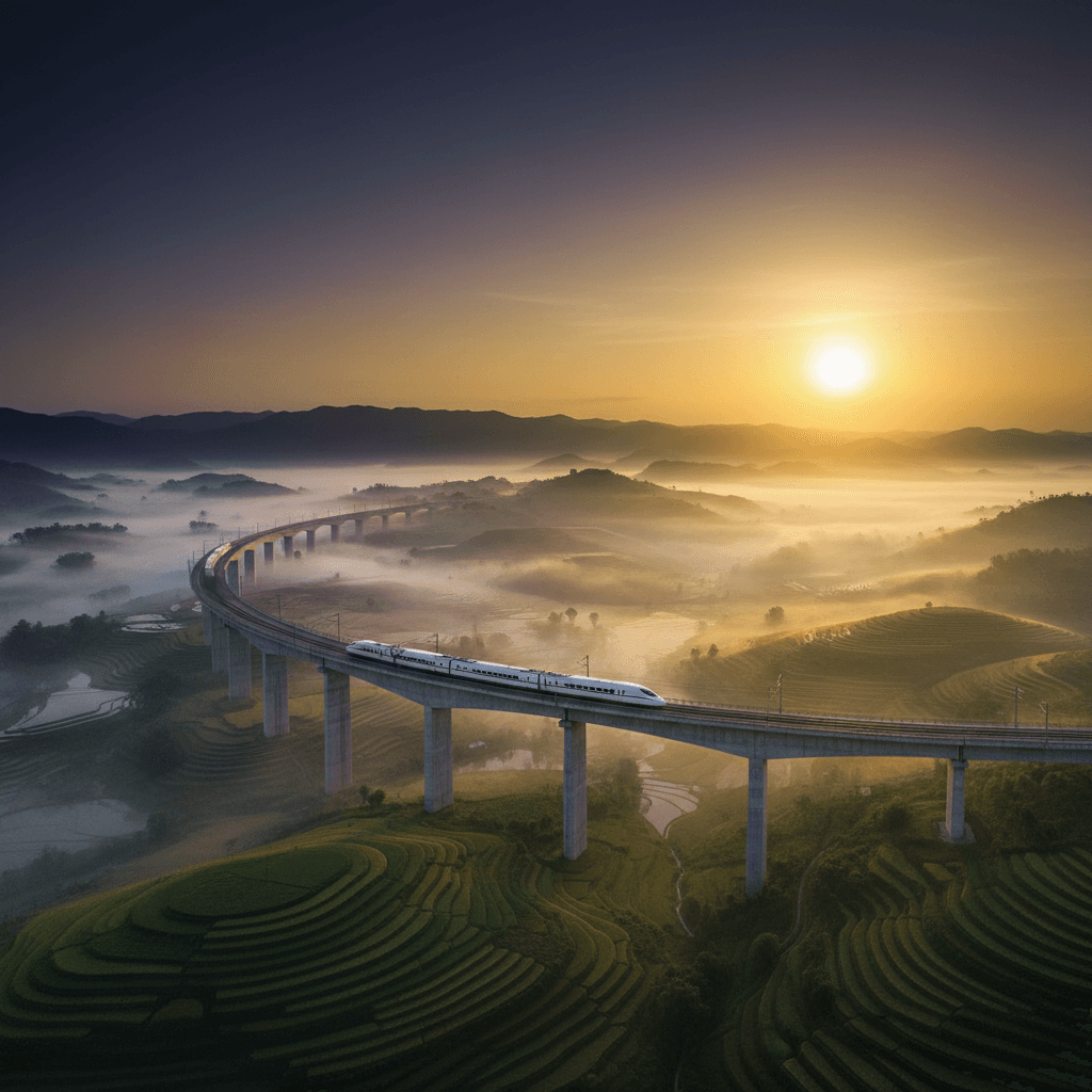 High-speed train crossing viaduct over misty Vietnamese valley