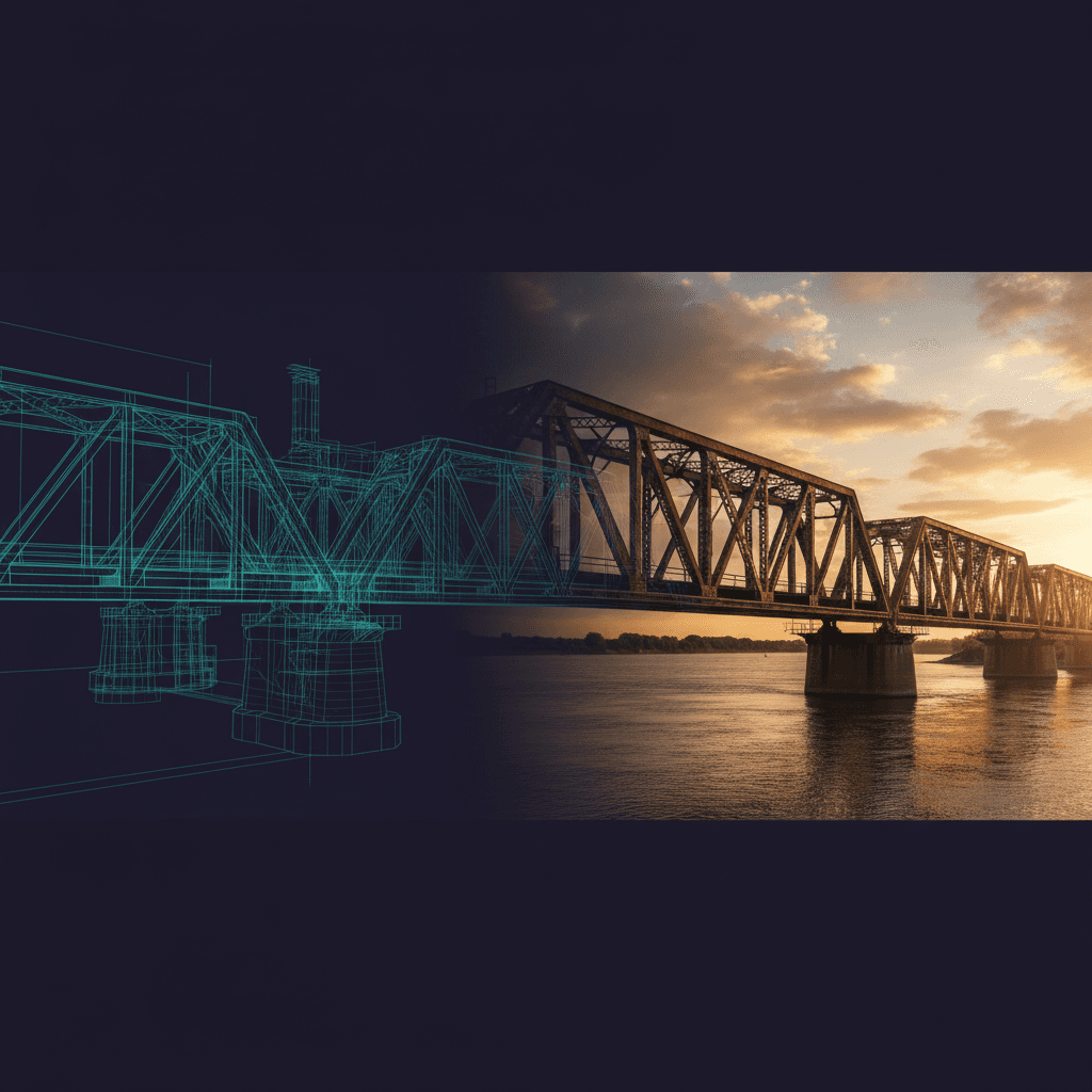 Engineering blueprint transitioning to real railway bridge at sunset