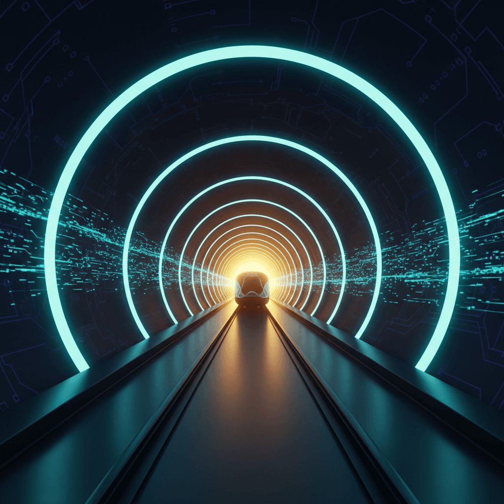 Futuristic railway tunnel with teal lights and golden glow