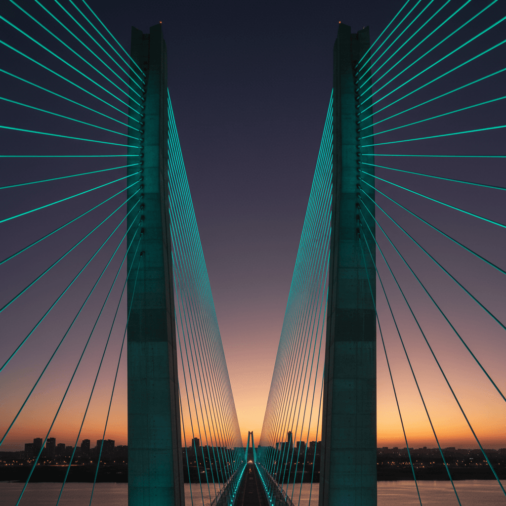 Cable-stayed bridge tower against twilight sky